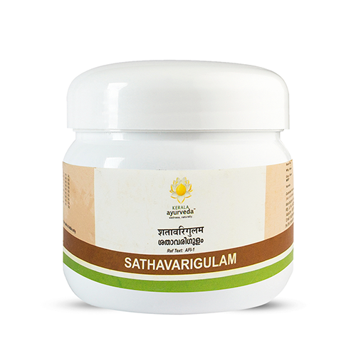 Front view of a white plastic jar of Kerala Ayurveda Sathavarigulam with a white lid, featuring the product name in English and Malayalam script, along with the Kerala Ayurveda logo. – Kerala Ayurveda India