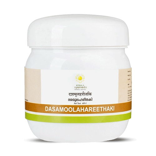 Front view of the Kerala Ayurveda Dasamoolahareethaki Lehyam jar, showing the product name in English and Devanagari script, and the Kerala Ayurveda logo. – Kerala Ayurveda India
