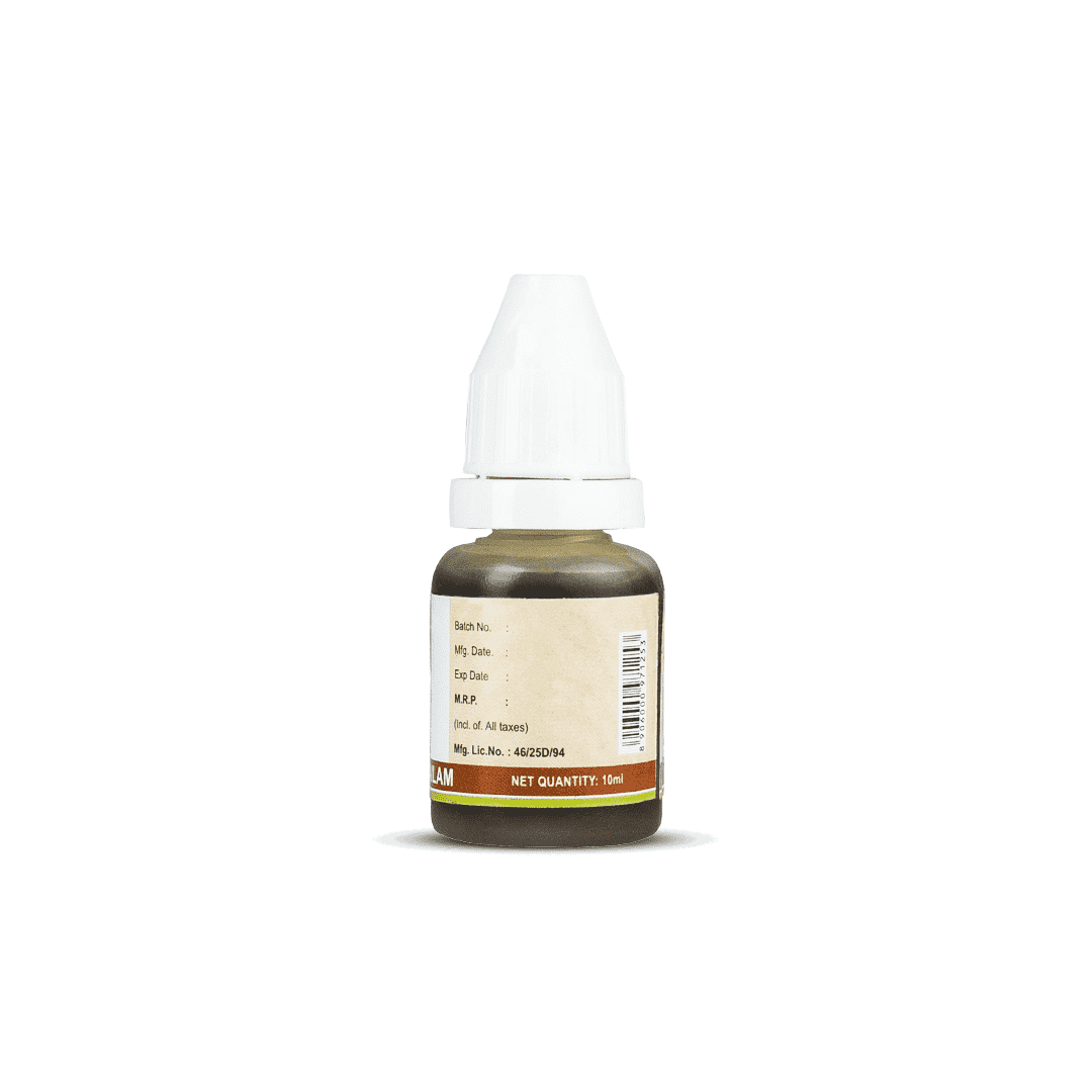 Side view of the small Gandha Thailam bottle, displaying "Classical Text: Ashtangahrudayam," application as "External," dosage as "As directed by the Physician," and storage instructions. – Kerala Ayurveda India