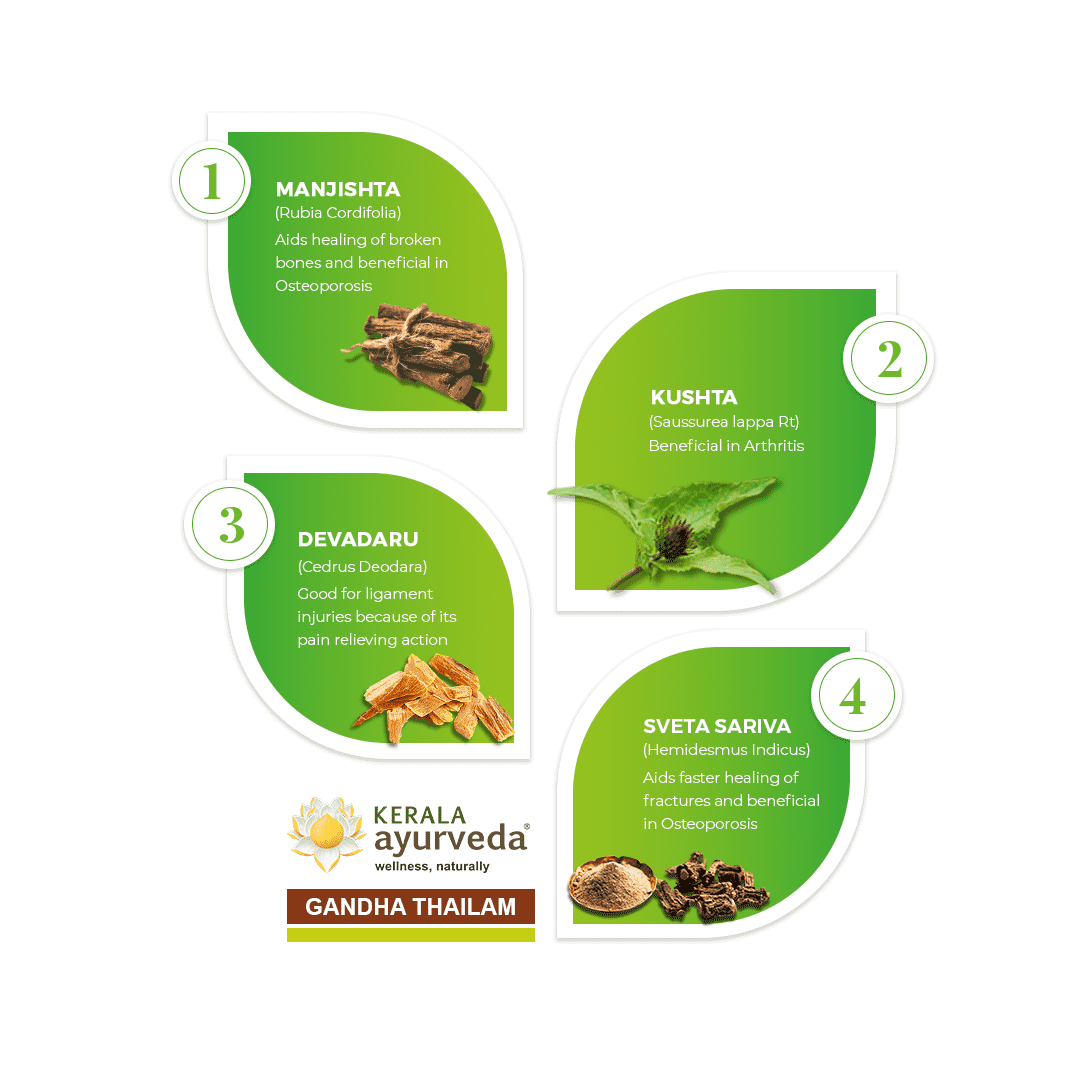 Banner illustrating key ingredients of Gandha Thailam: Manjishta, Kushta, Devadaru, and Sveta Sariva, detailing their benefits for healing bones, arthritis, ligament injuries, and osteoporosis. – Kerala Ayurveda India