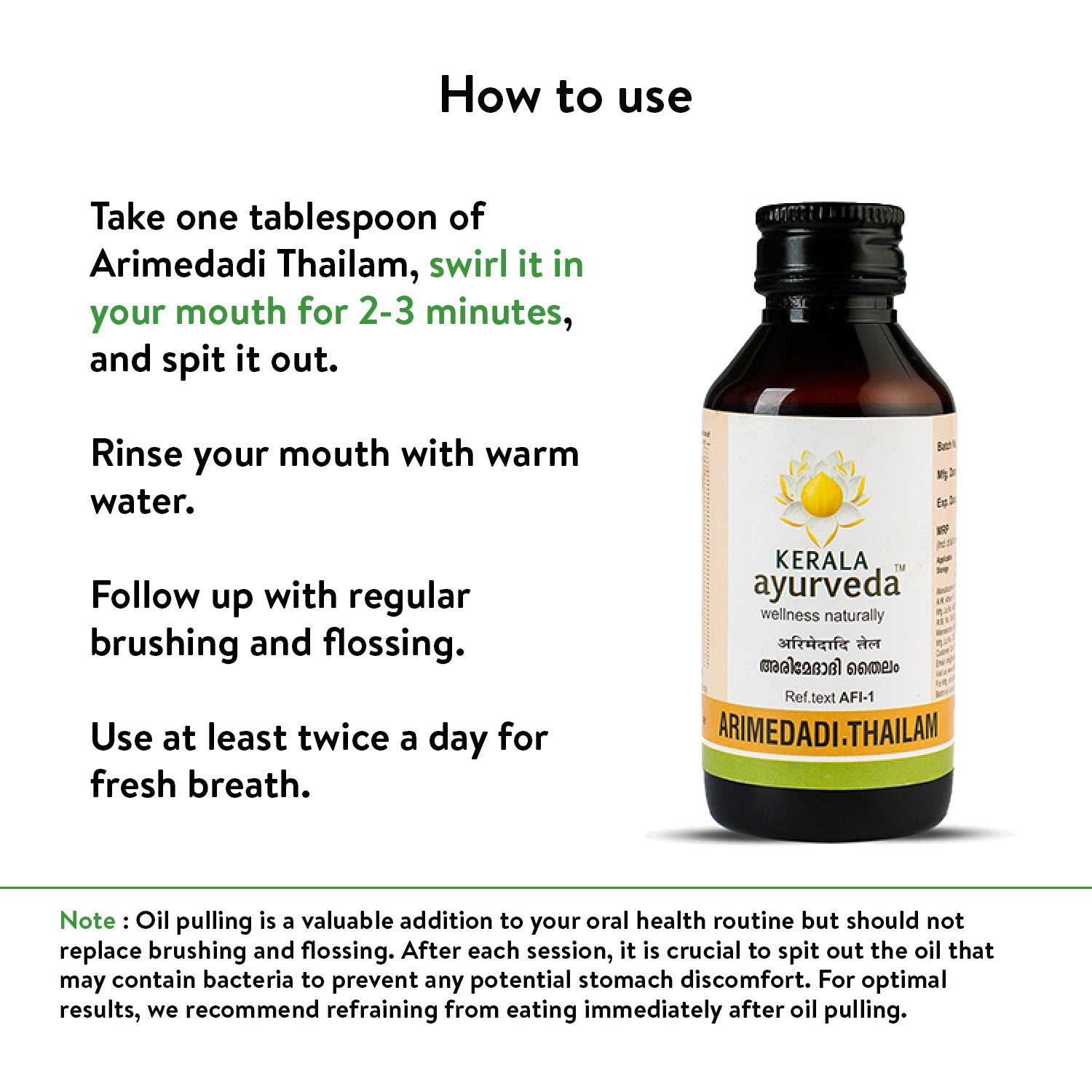Banner titled "How to use" Arimedadi Thailam, providing instructions for oil pulling: swirling one tablespoon in the mouth, spitting it out, rinsing, and following with brushing and flossing for fresh breath. A note about oil pulling benefits and precautions is included. – Kerala Ayurveda India