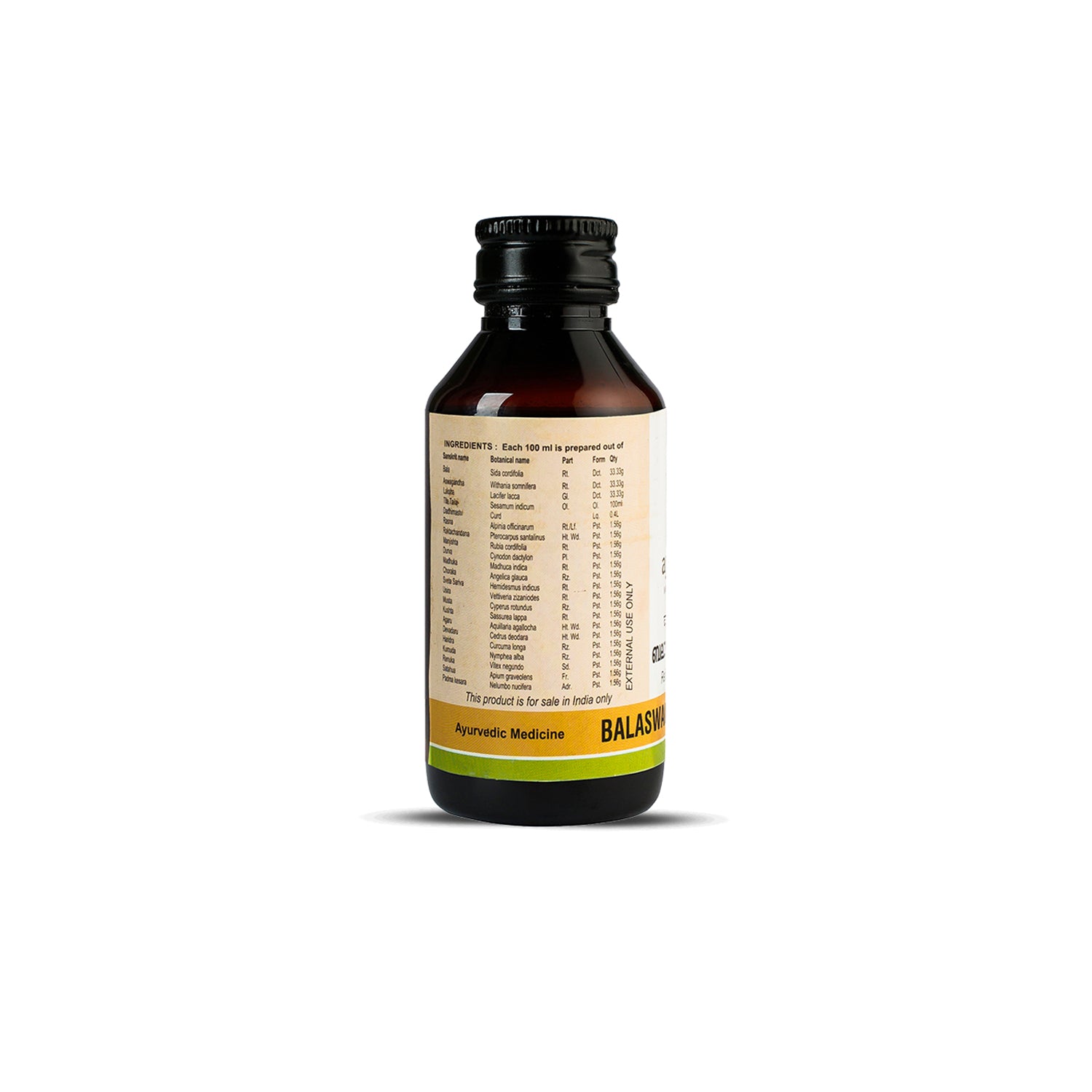 Rear-panel close-up – Back view of Balaswagandhadi Thailam bottle displaying the full classical herb list and proportions for this bala ashwagandha oil – Kerala Ayurveda India