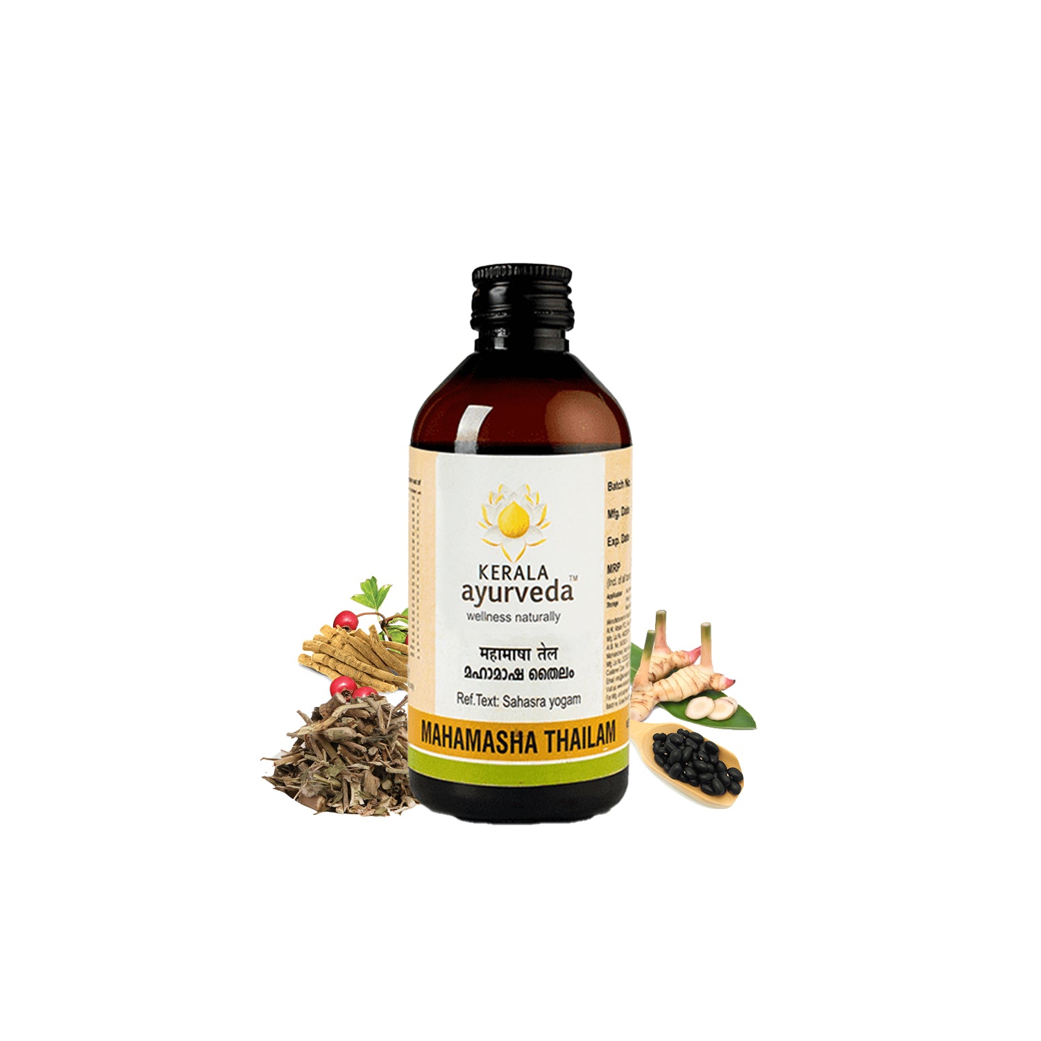 Front view of a dark brown glass bottle of Kerala Ayurveda Mahamasha Thailam, featuring the product name in English and Malayalam script. It is surrounded by ingredients like dried roots, Ashwagandha, ginger, and black gram. – Kerala Ayurveda India