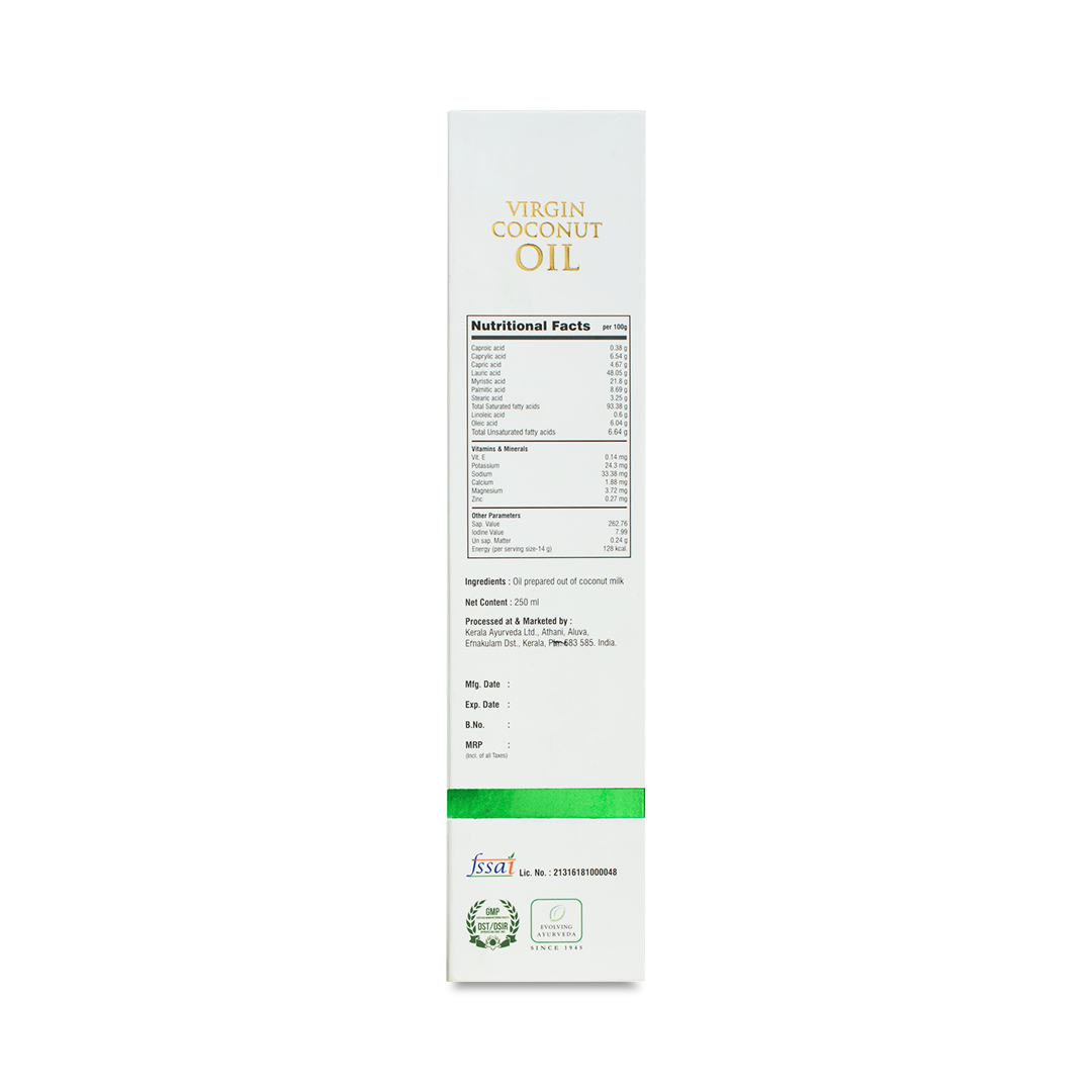 Side view of the Kerala Ayurveda Virgin Coconut Oil bottle's packaging, highlighting Nutritional Facts, manufacturer details, and blank fields for Mfg. Date, Exp. Date, and MRP. – Kerala Ayurveda India