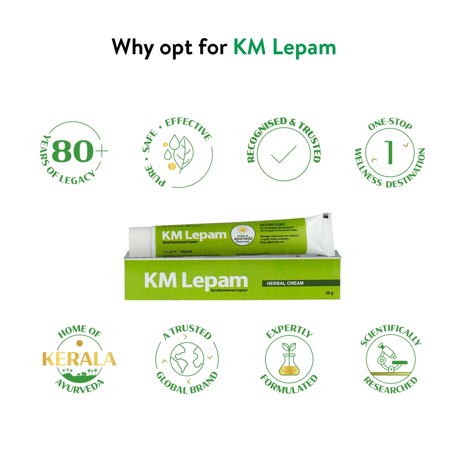 KM Lepam tube with packaging displayed along with icons showing product benefits and brand trust – Kerala Ayurveda India