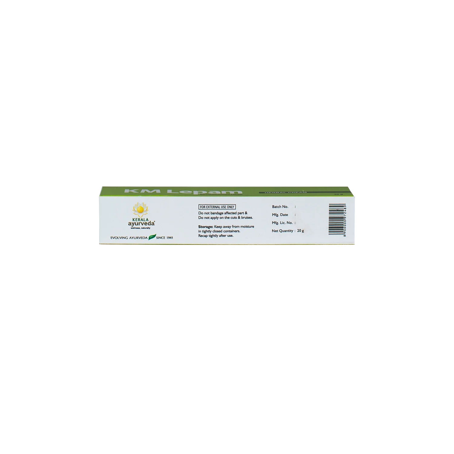 Back label of KM Lepam herbal cream with usage precautions and batch details – Kerala Ayurveda India