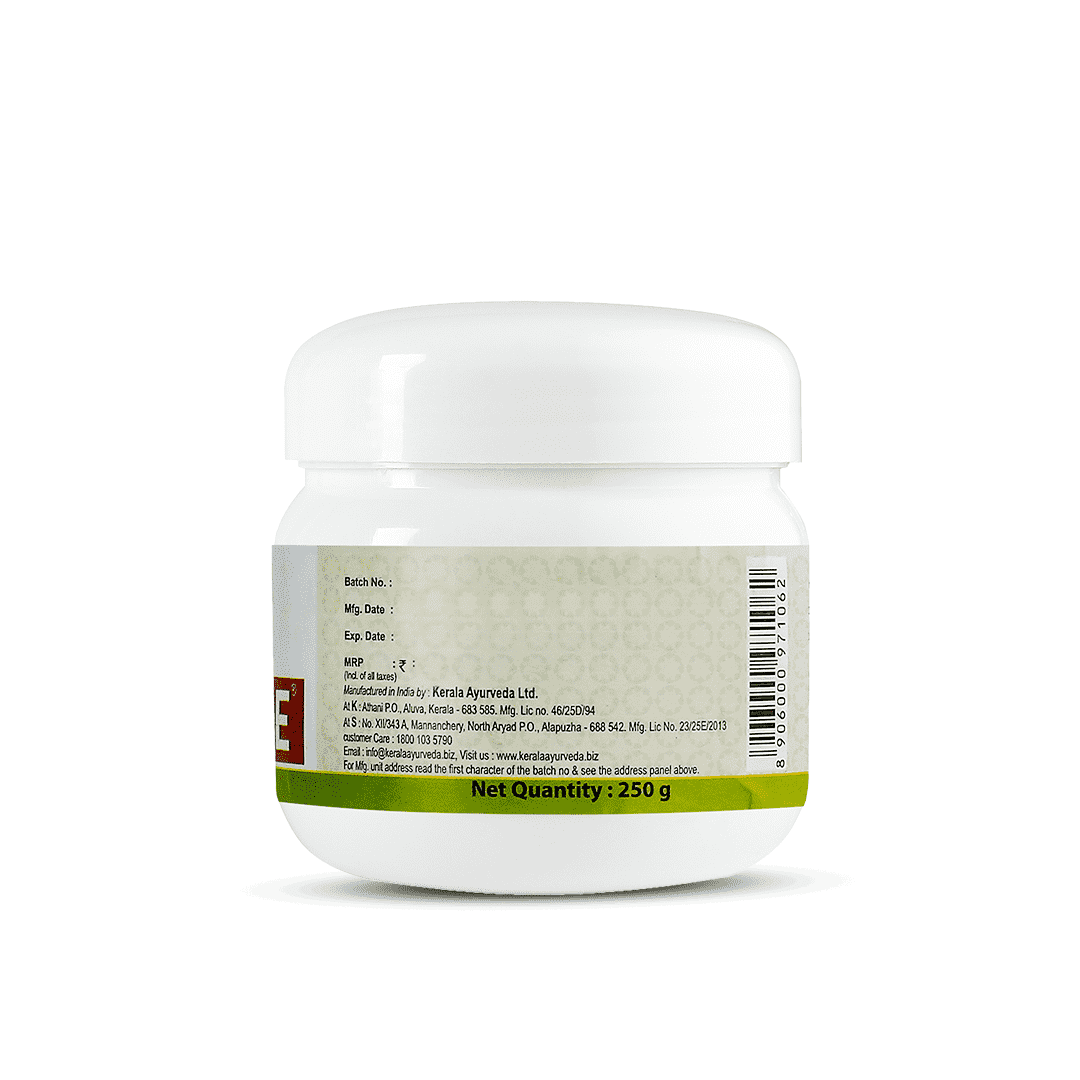 Back view of the Gestatone Lehyam jar, displaying the net quantity of 250 g, manufacturing details by Kerala Ayurveda Ltd., customer care contact, and a barcode. – Kerala Ayurveda India