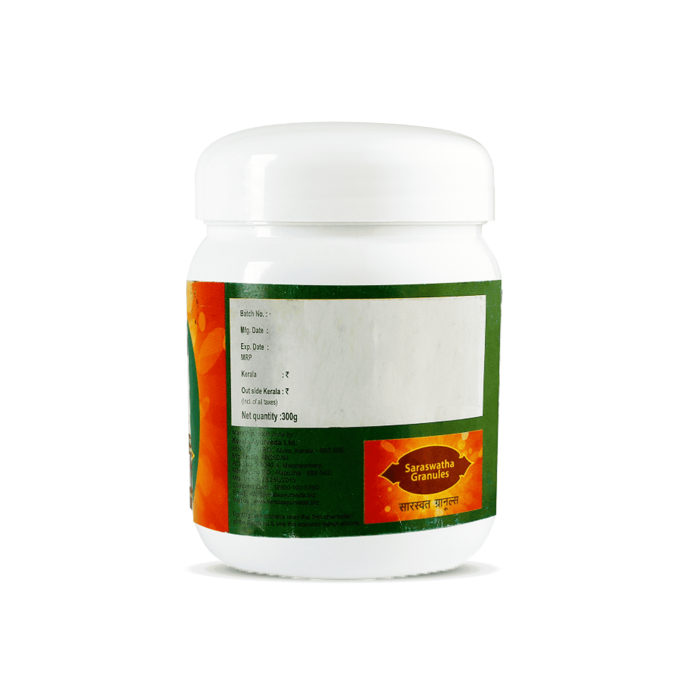 Back view of the Saraswatha Granules jar, displaying the net quantity of 300g, and blank fields for Batch No., Mfg. Date, and Exp. Date, along with other manufacturing details. – Kerala Ayurveda India