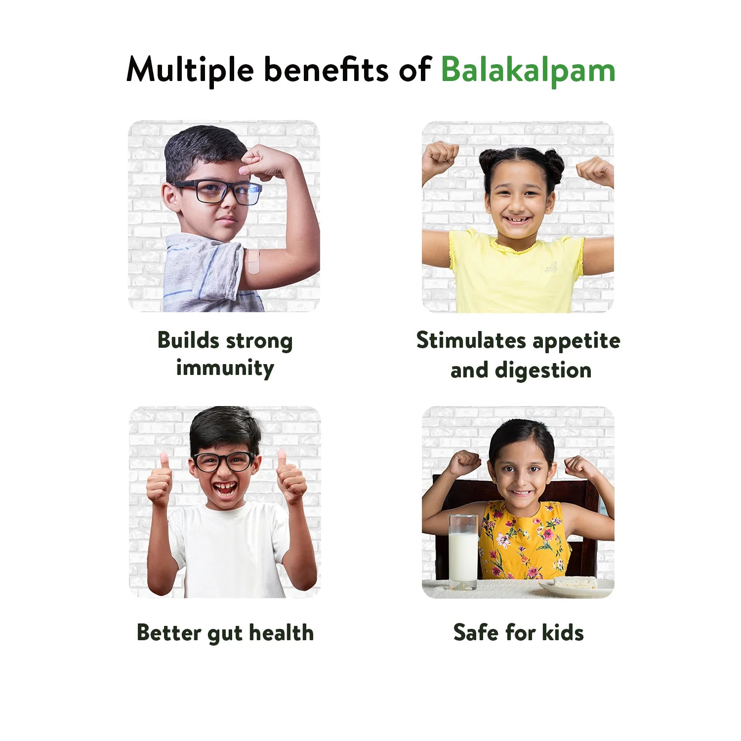 Benefits grid of happy children flexing and smiling, highlighting strong immunity, improved appetite, better gut health and kid-safe formula of Balakalpam – Kerala Ayurveda India