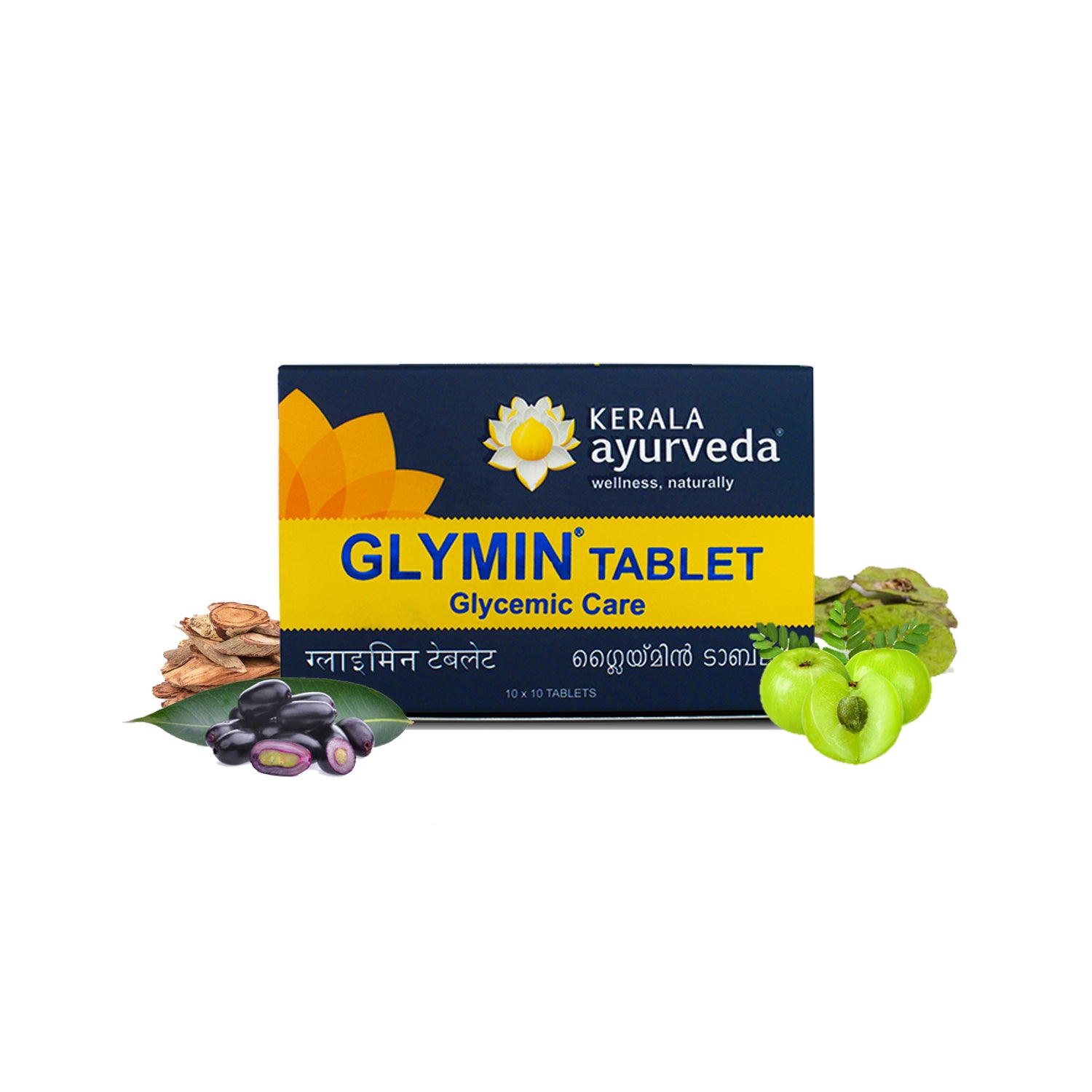 Front view of the Kerala Ayurveda Glymin Tablet box, featuring the product name "Glymin Tablet" with "Glycemic Care" subtitle, and illustrations of ingredients like Jamun and Amla. – Kerala Ayurveda India