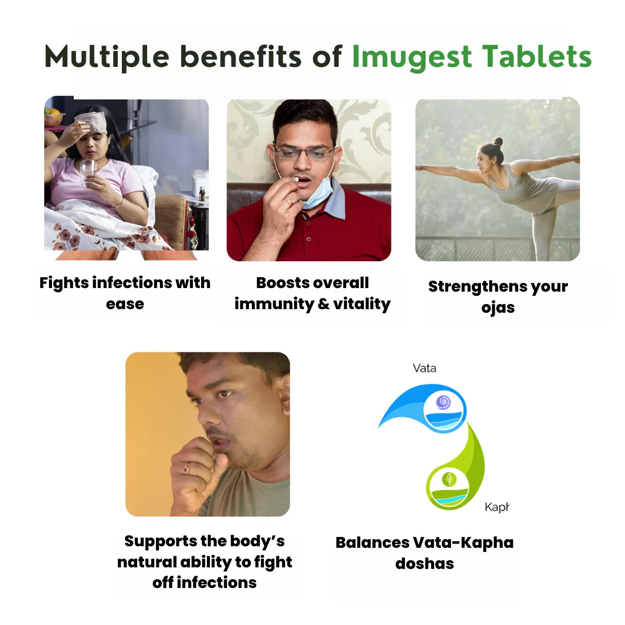 Benefits collage headlined “Multiple benefits of Imugest Tablets” showing images that depict infection relief, immunity boost, yoga strength, cough support and Vata-Kapha balance – Kerala Ayurveda India