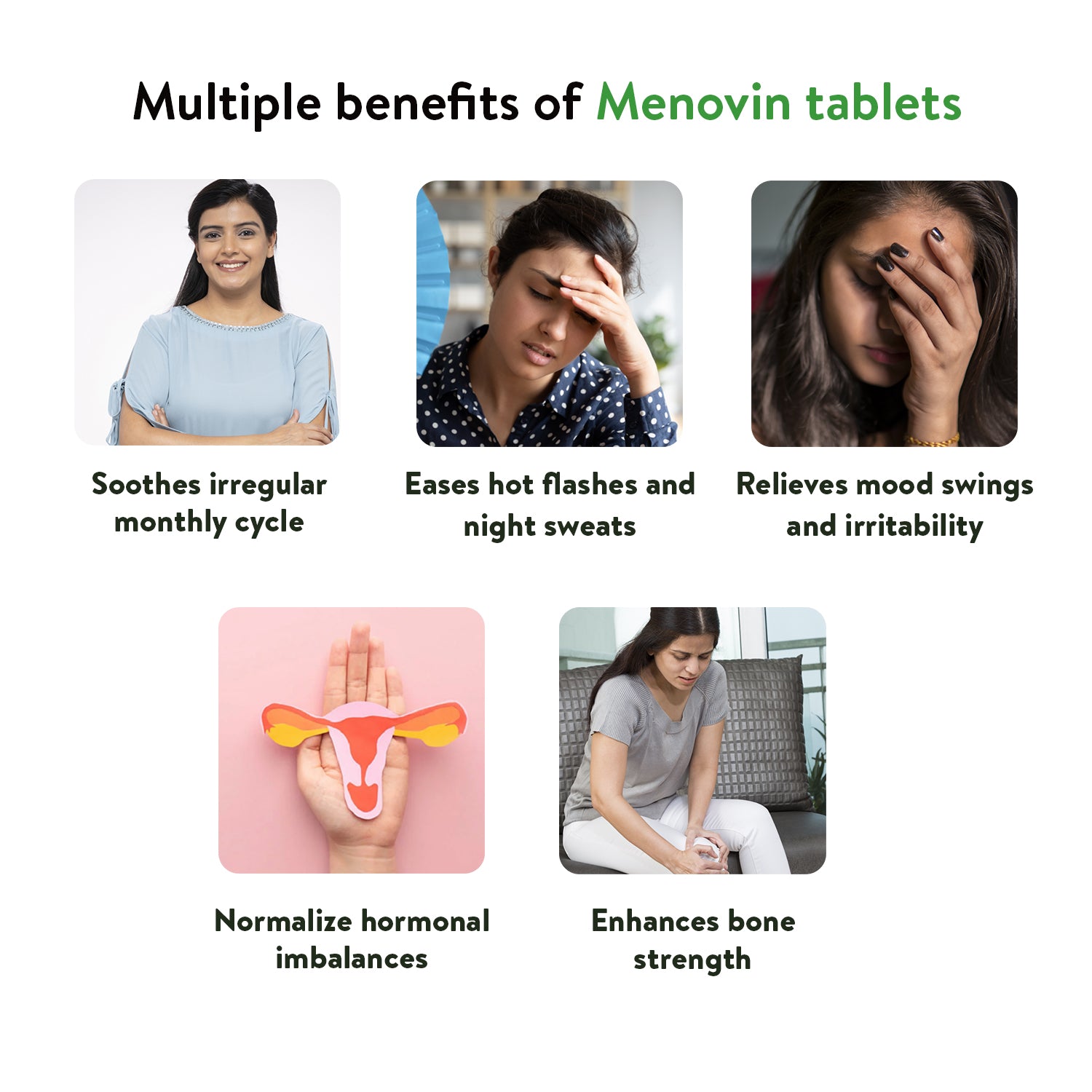 Banner image showing "Multiple benefits of Menovin tablets," with visual representations for soothing irregular cycles, easing hot flashes, relieving mood swings, normalizing hormonal imbalances, and enhancing bone strength. – Kerala Ayurveda India
