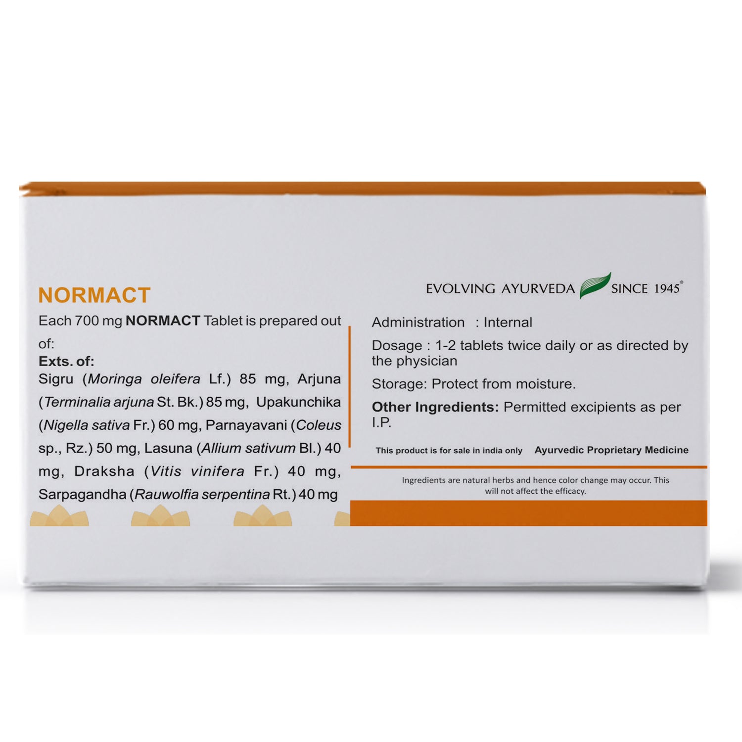 Side view of the Kerala Ayurveda Normact Tablet box, detailing ingredients per 700 mg tablet, including Sigru, Arjuna, and Upakunchika. It also lists administration (Internal), dosage (1-2 tablets twice daily), and storage instructions. – Kerala Ayurveda India