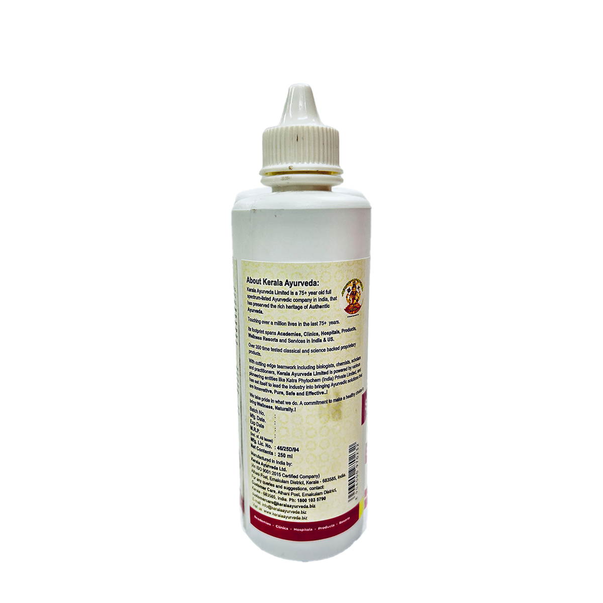 Side view of the Kerala Ayurveda Santhwanam Oil bottle, detailing ingredients prepared per 200 ml, information about the oil's benefits for blood circulation and healing, and usage recommendations for massage. – Kerala Ayurveda India