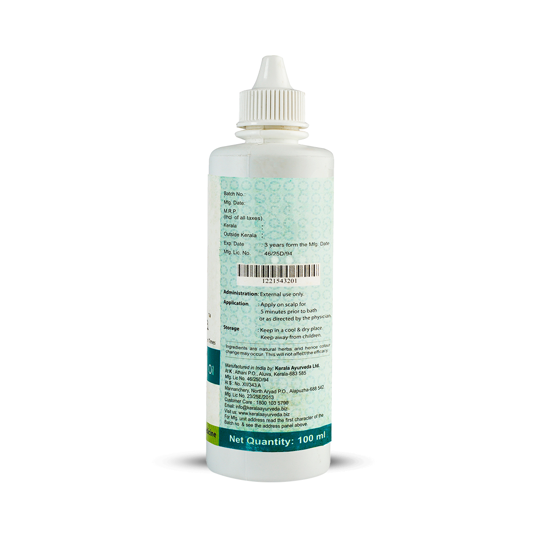 Side view of the Kerala Ayurveda Sinactil Oil bottle, detailing ingredients prepared per 100 ml, including Bacopa monnieri (Brahmi), Tylophora acuminata, and Cinnamomum camphora. It specifies "External use only." – Kerala Ayurveda India
