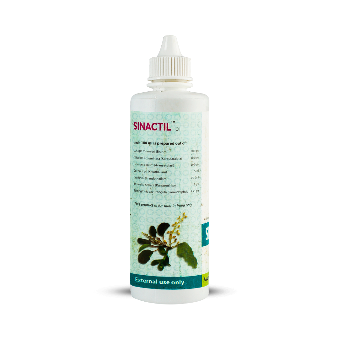 Back view of the Kerala Ayurveda Sinactil Oil bottle, showing net quantity 100 ml, manufacturing details, and customer care information. It also includes application instructions ("Apply on scalp hair 1 hour prior to bath"). – Kerala Ayurveda India