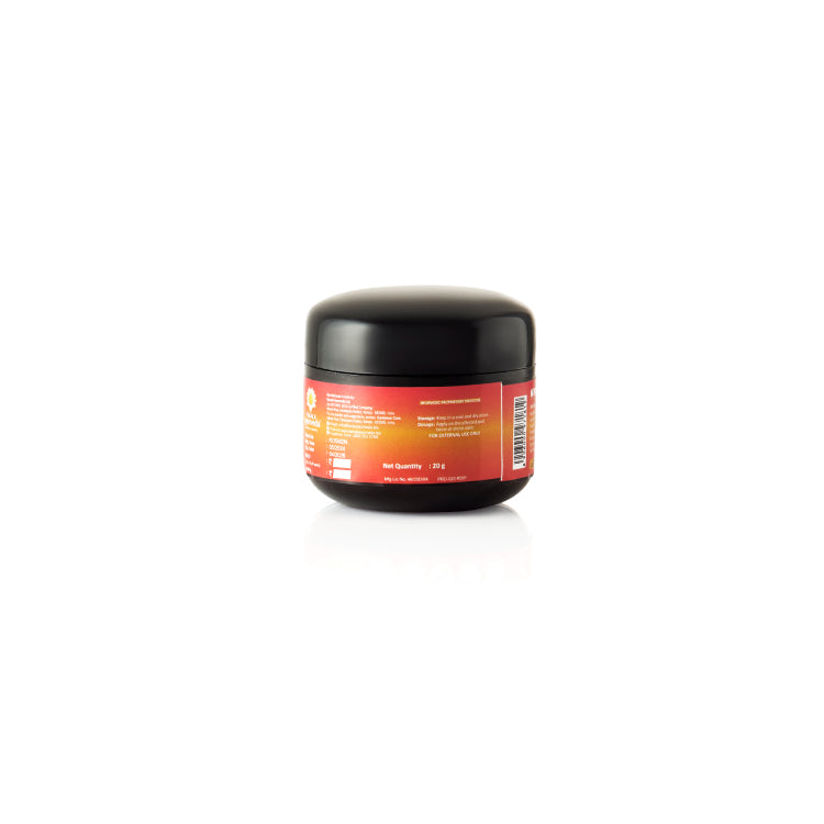 Back view of a small black jar of Kerala Ayurveda Myaxyl Cream. The label shows "Net Quantity: 20 g" and a barcode. – Kerala Ayurveda India