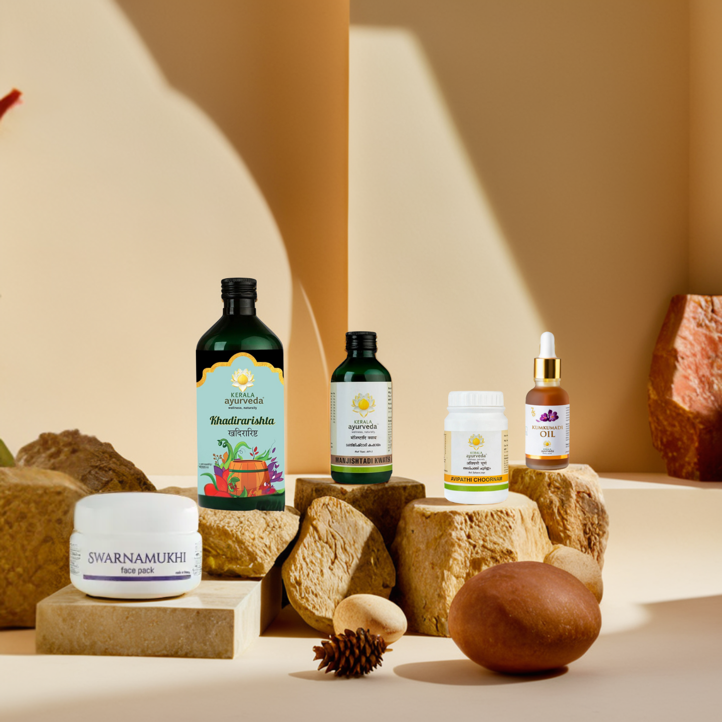 Assorted skincare products displayed on a neutral background with stones and plants.