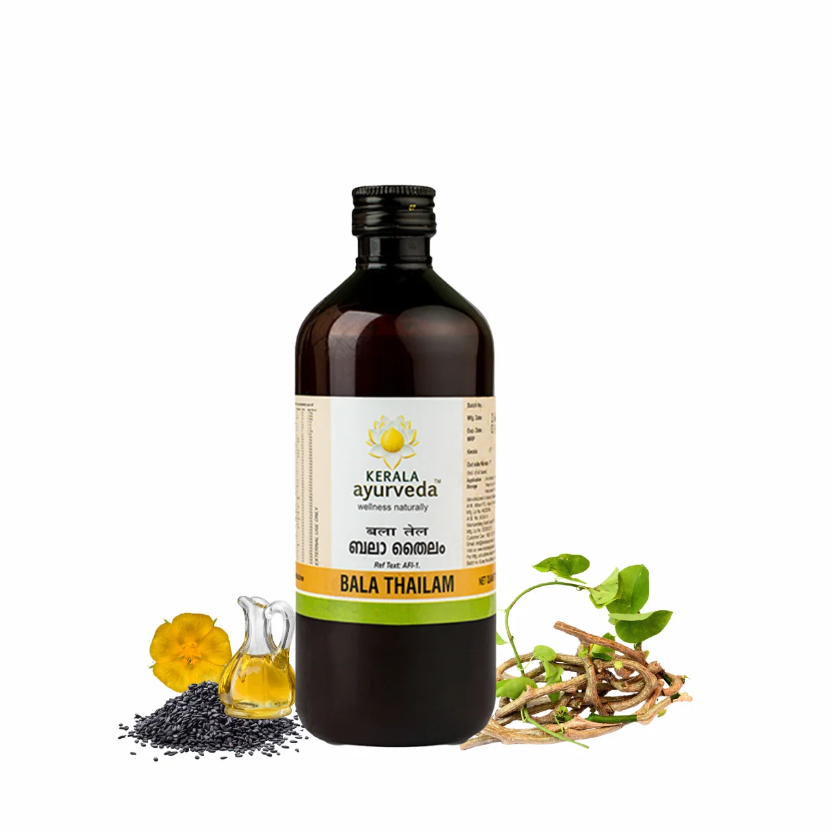 Front view of a dark brown glass bottle of Kerala Ayurveda Bala Thailam, with the product name in English and Malayalam, surrounded by herbs like Bala, Guduchi roots, and sesame seeds with oil. – Kerala Ayurveda India