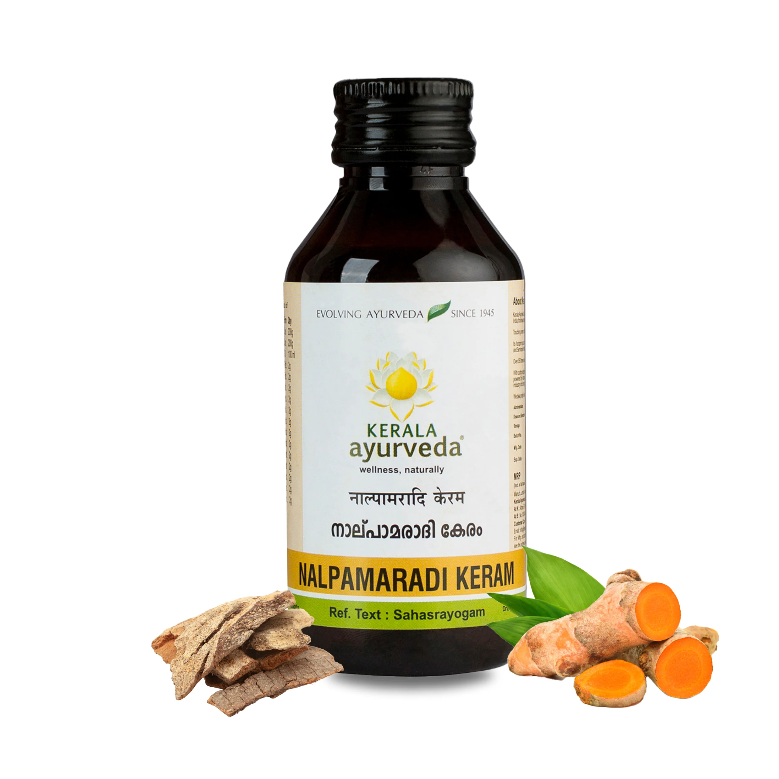 Nalpamaradi Keram 100 ml Ayurvedic skin-brightening oil bottle with turmeric roots and nalpamara bark at the base – Kerala Ayurveda India