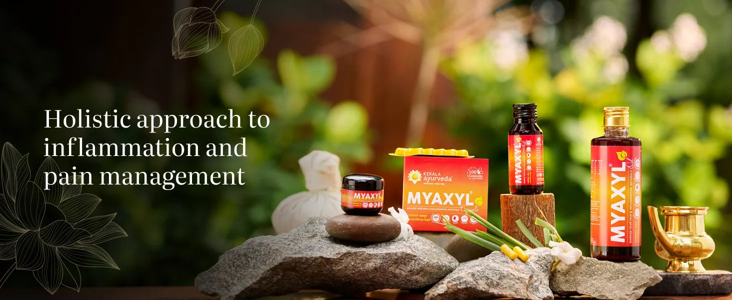Kerala Ayurveda Myaxyl product range for holistic inflammation and pain management, featuring Myaxyl Oil, Capsules, Balm, and Liniment in a natural setting.